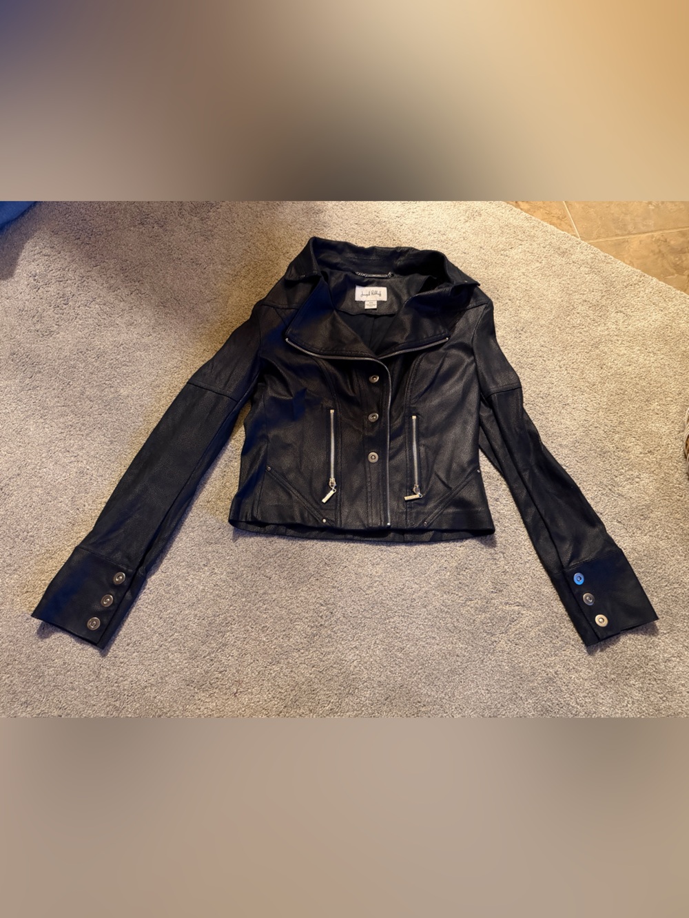 Joseph Ribkoff black blue Faux Leather Jacket with silver zipper detailing